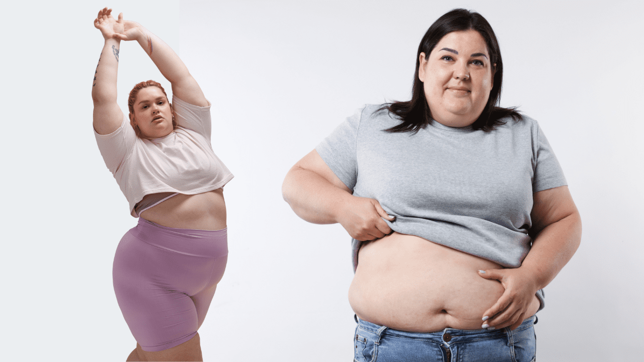 Woman with visible belly fat and another woman stretching in fitness wear
