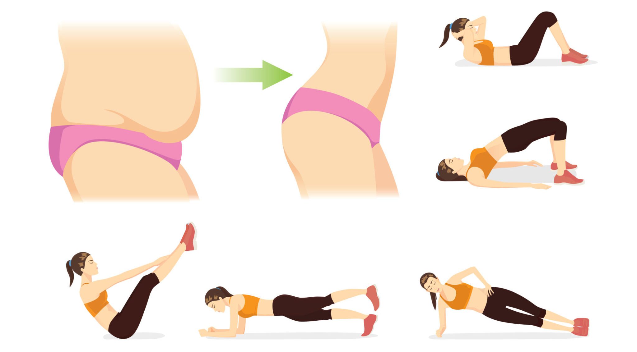 woman doing home exercises to lose belly fat naturally in the diagram.